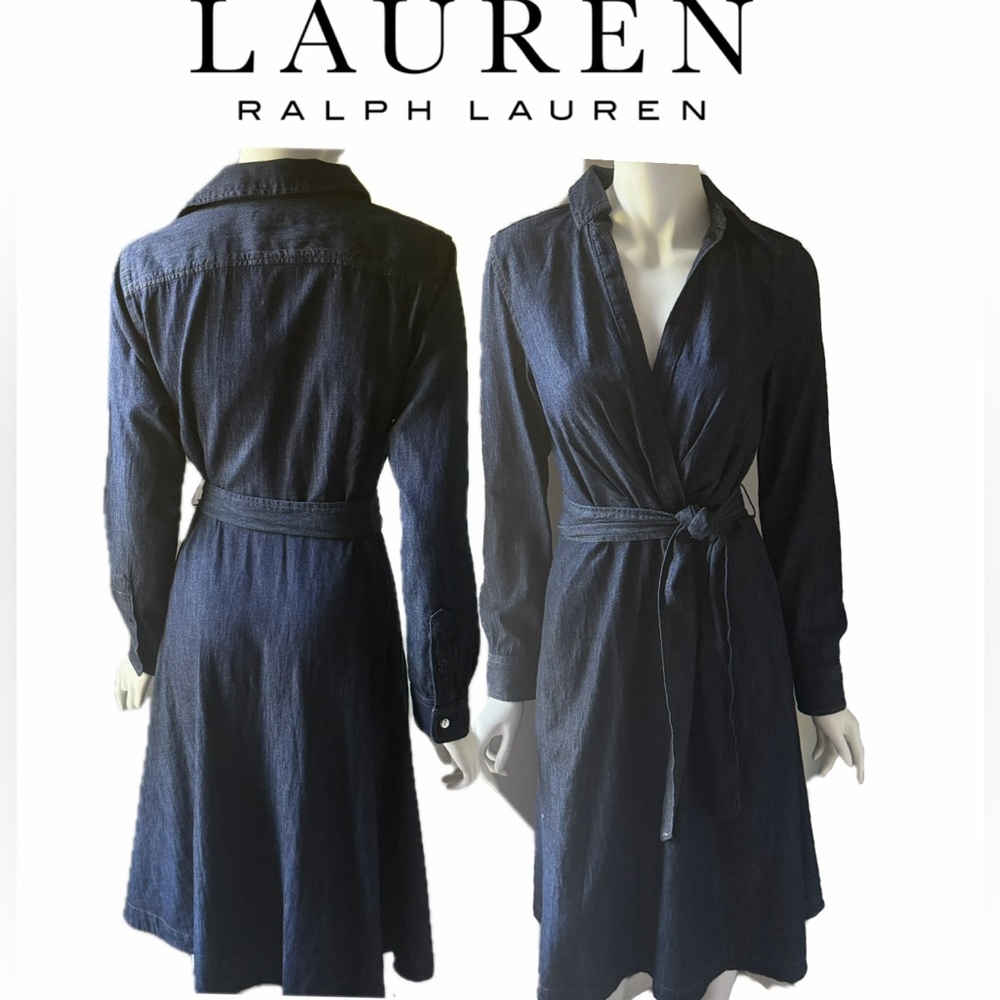 Lauren Ralph Lauren Self-Belt Long-Sleeve Surplice Midi denim wrap Dress 4 belt